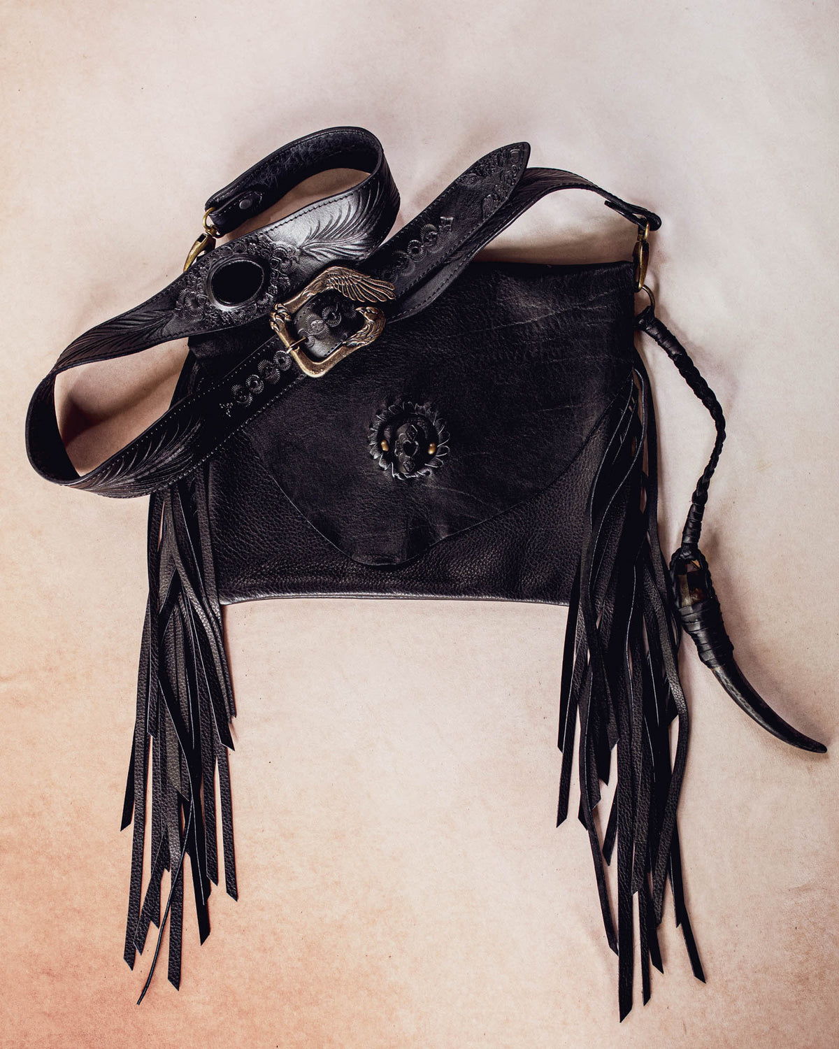Black Magic Nomad Bag with Stag Horn & Smoky Quartz Wand