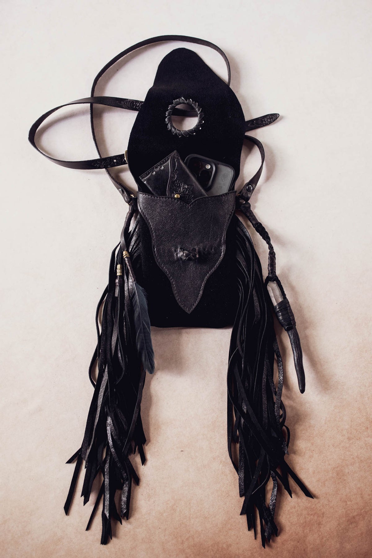 Nomad Phone Pouch with Stag Horn & Smoky Quartz Wand