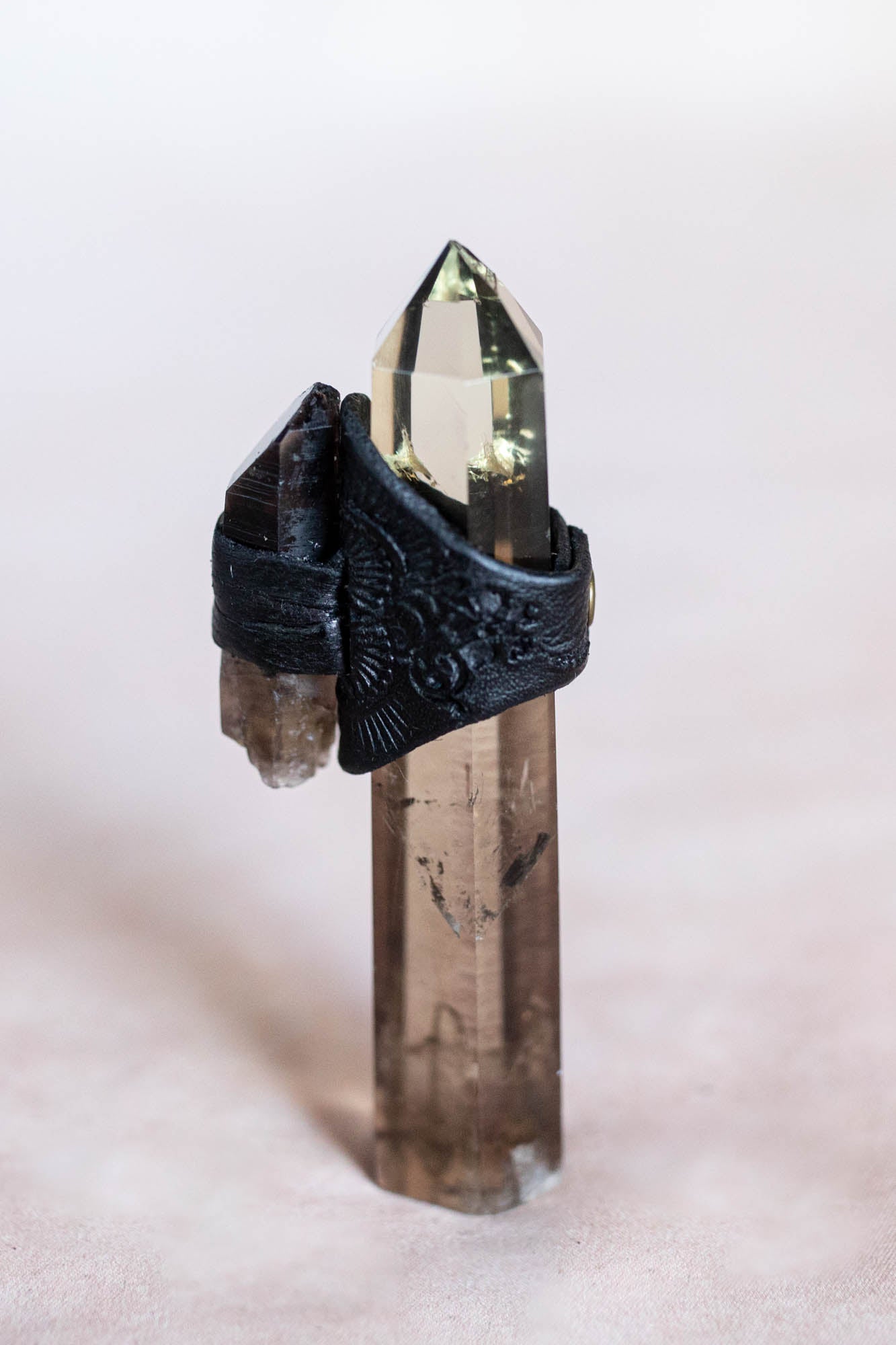 black leather ring with crystal