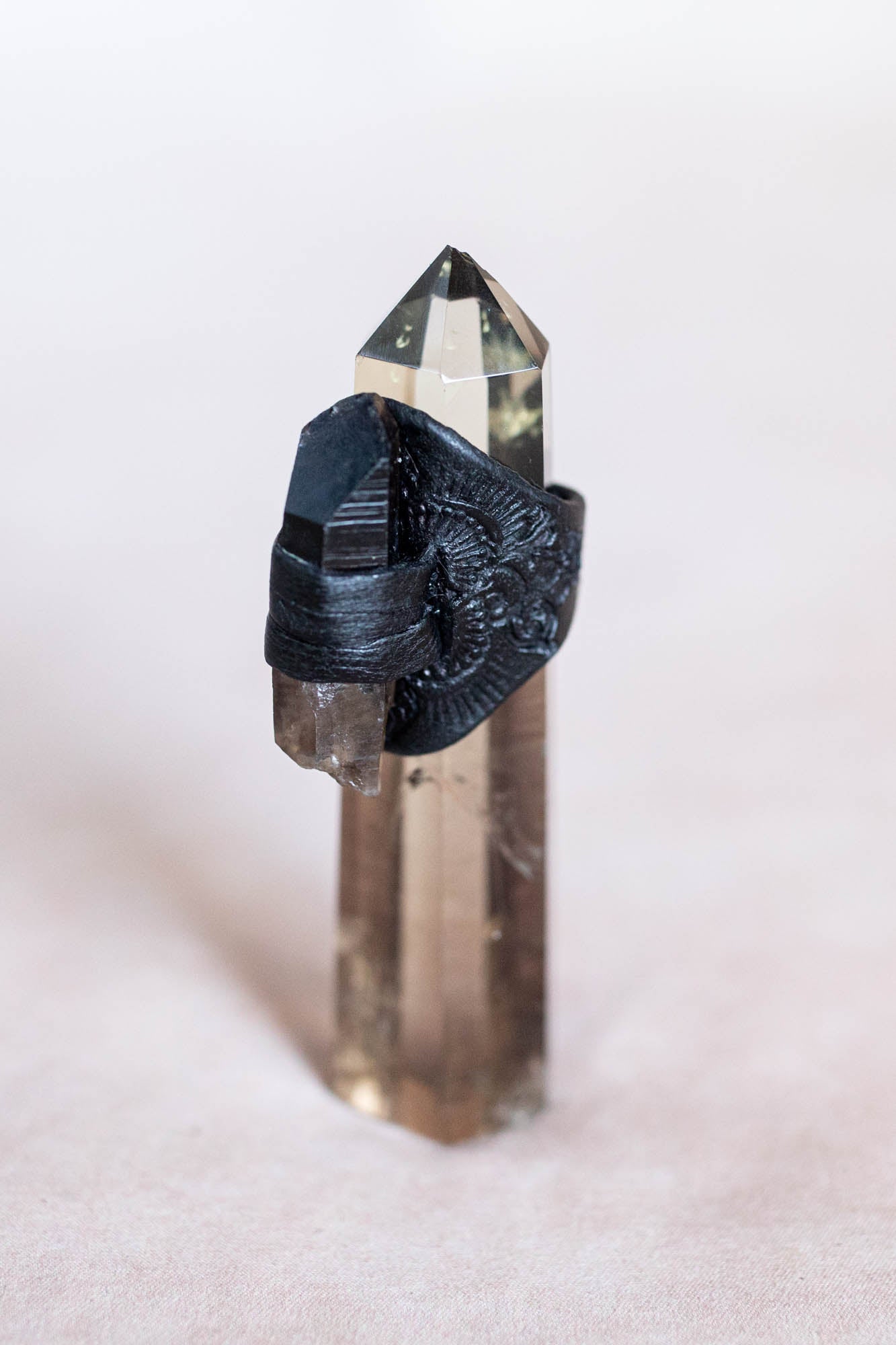 black leather ring with crystal