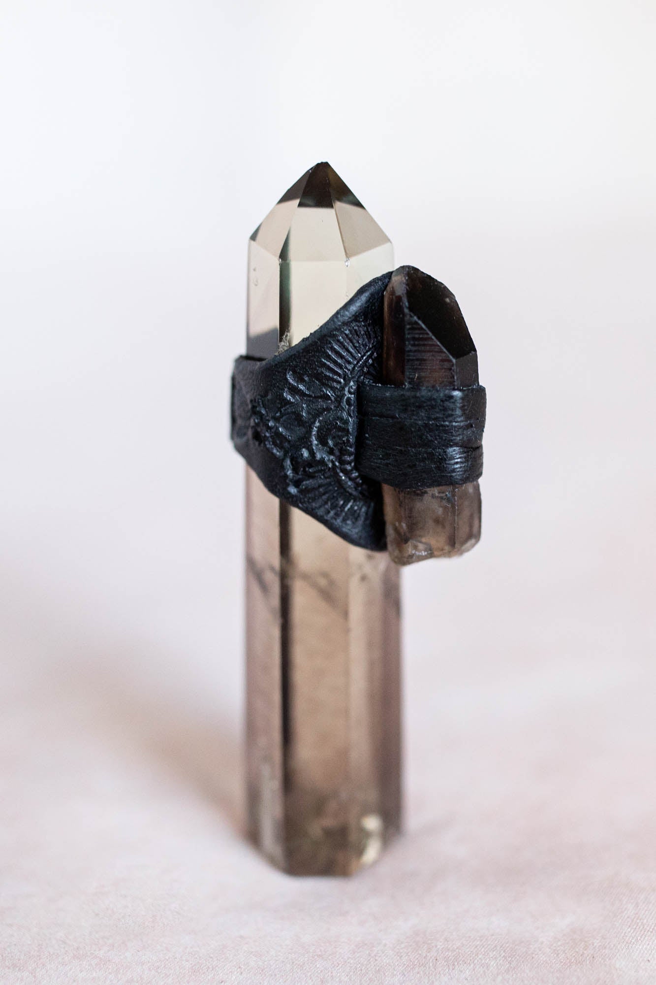 black leather ring with crystal