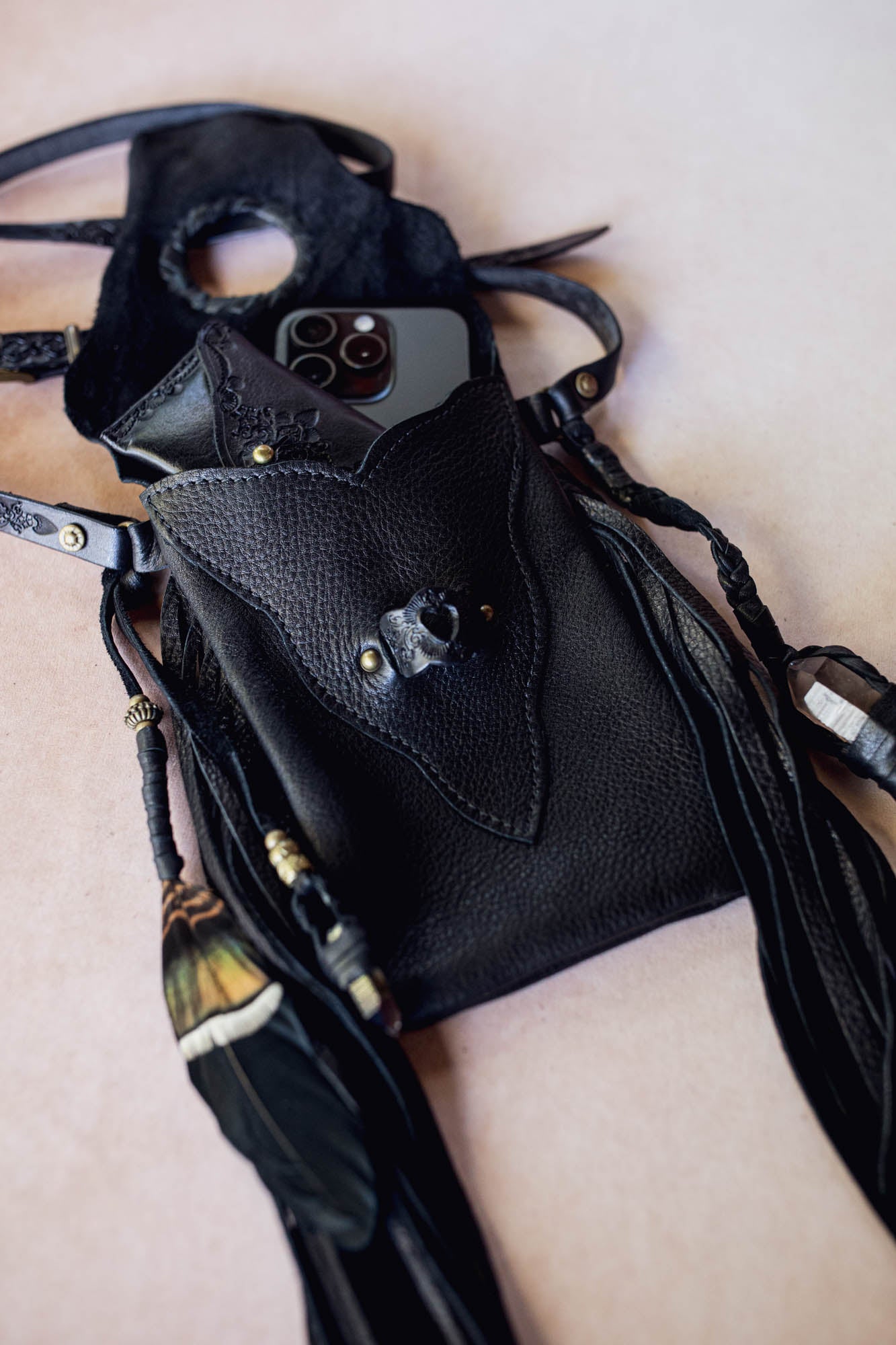 Nomad Phone Pouch with Stag Horn & Smoky Quartz Wand