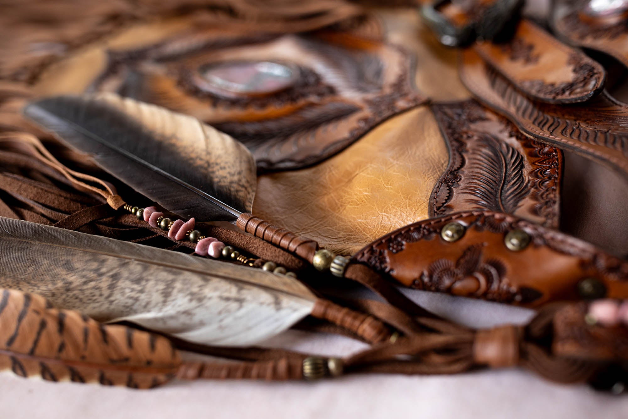 Apache Tasselled Bag with Pink Rhodonite