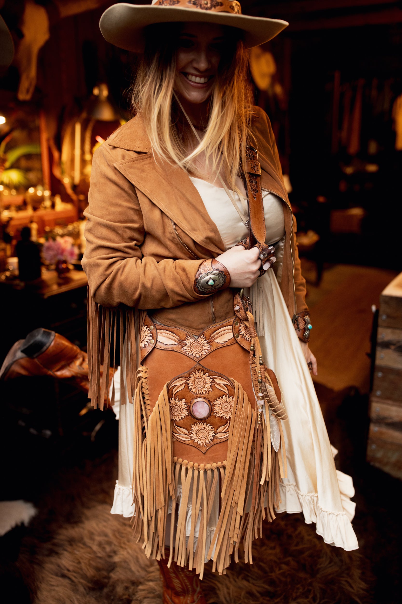 Petite Sunflower Apache Tasseled Bag with Rose Quartz