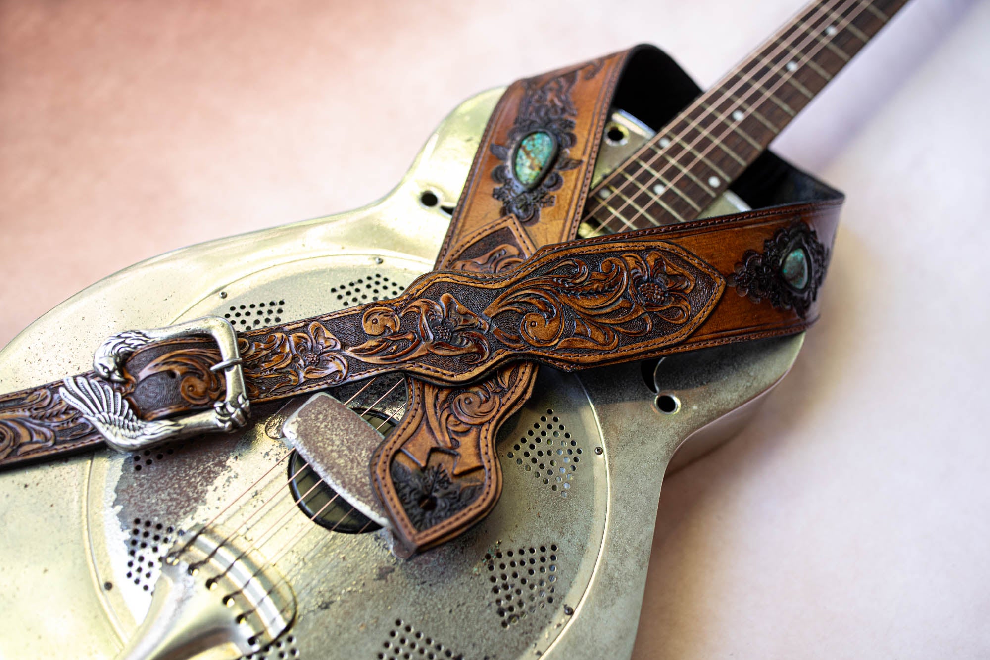 Horse & Eagle Guitar Strap with Turquoise