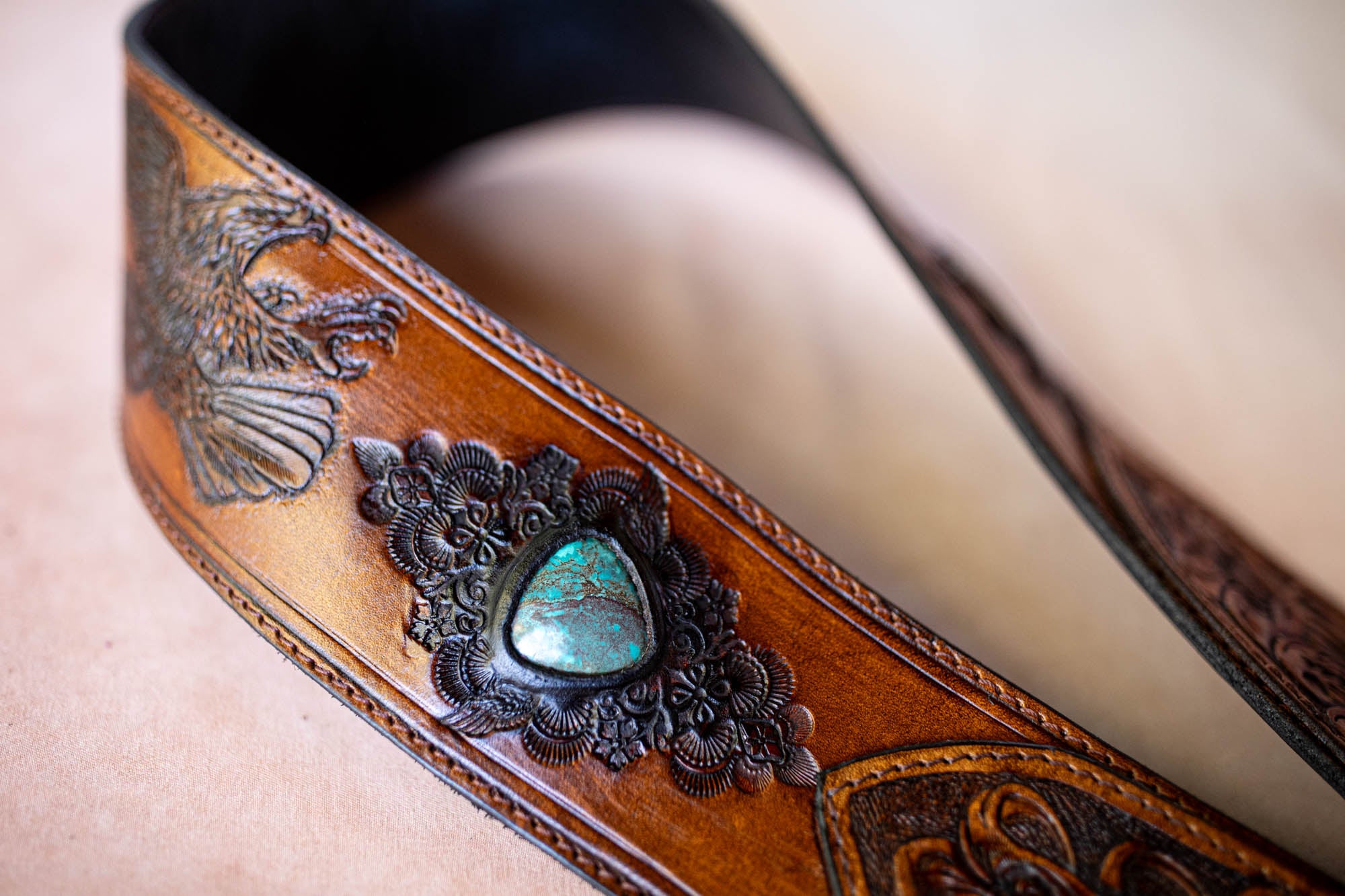 Horse & Eagle Guitar Strap with Turquoise