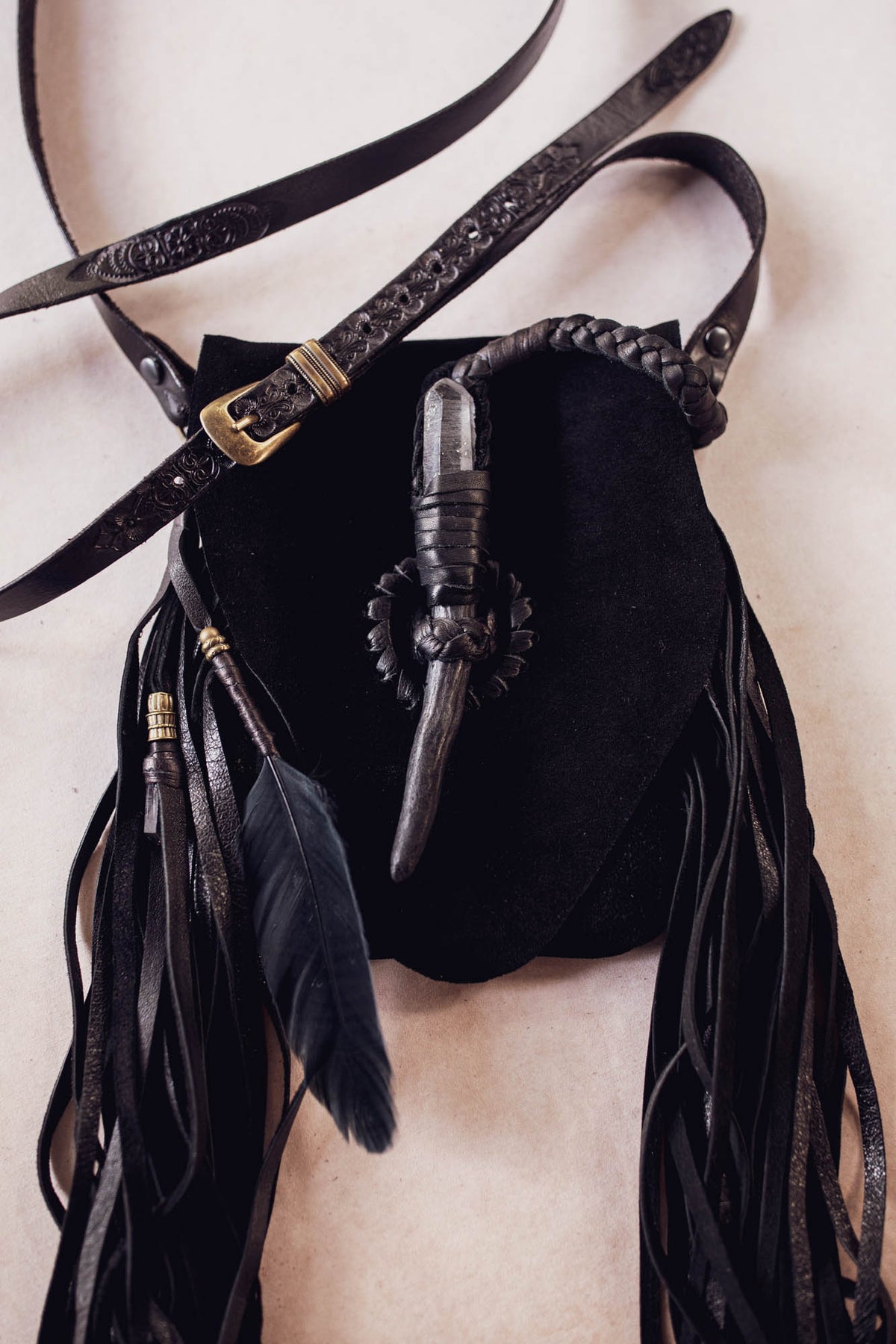 Nomad Phone Pouch with Stag Horn & Smoky Quartz Wand