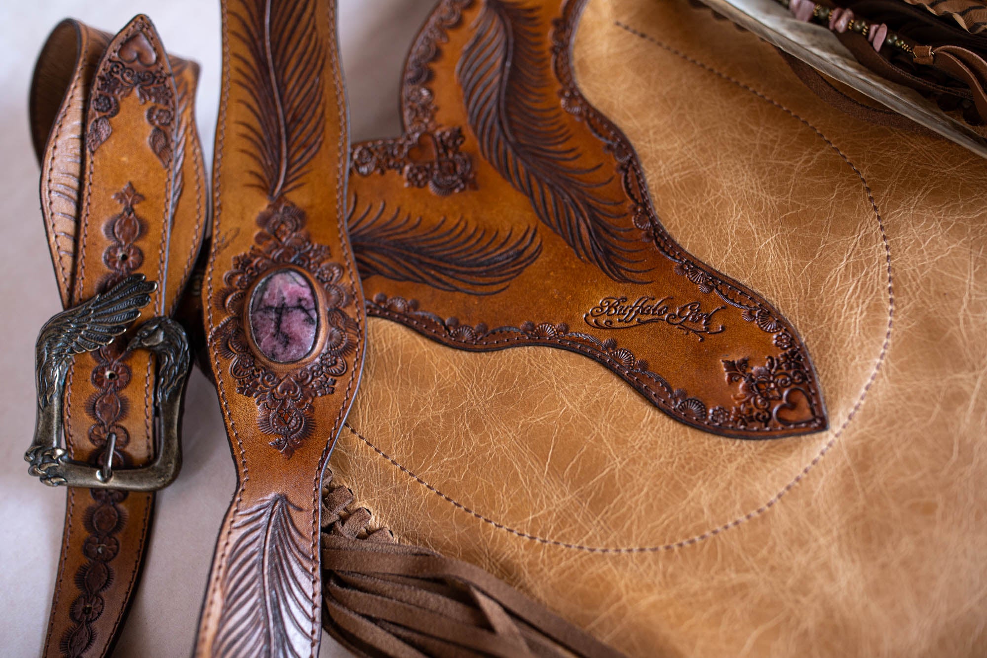 Apache Tasselled Bag with Pink Rhodonite