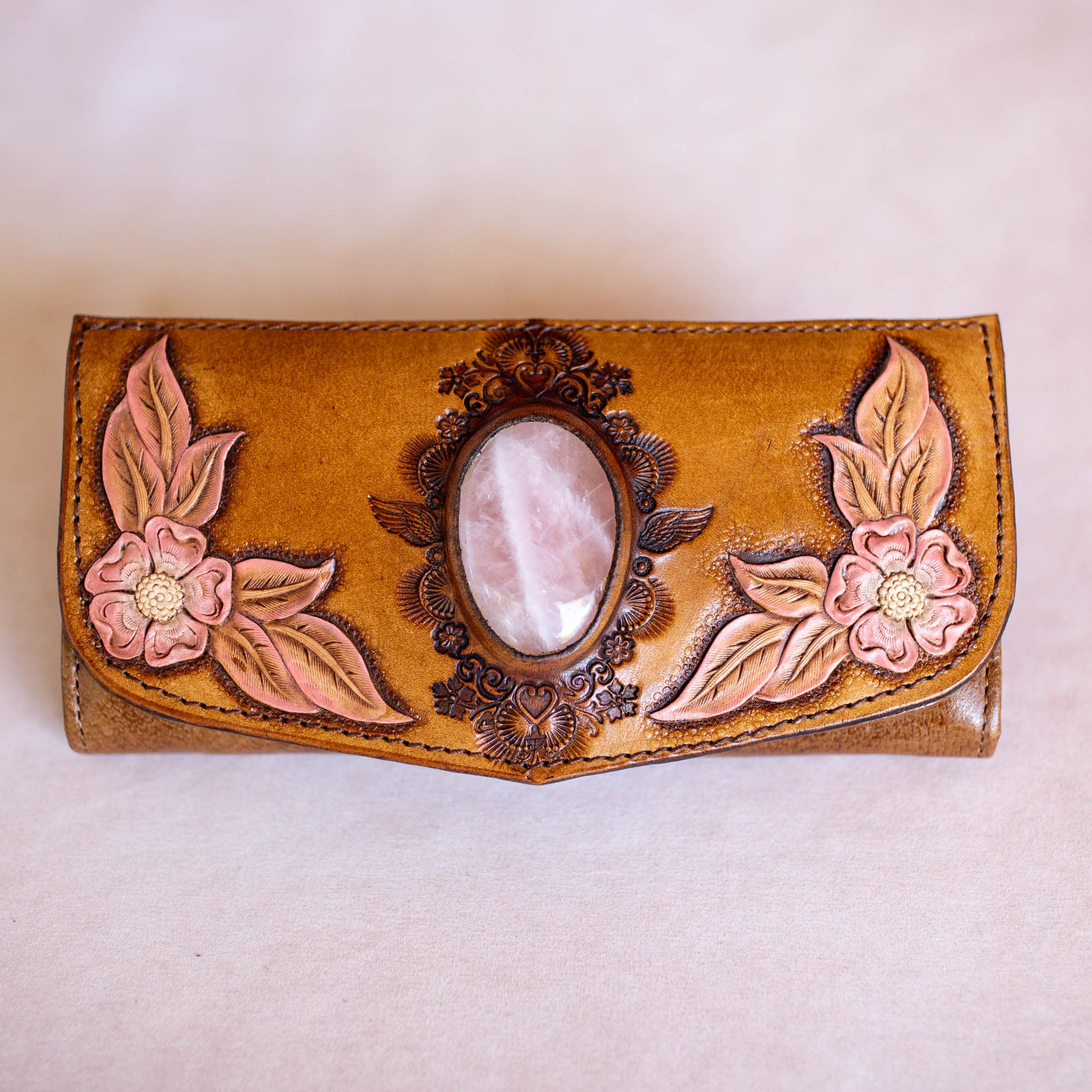 Hand Painted Flower Wallet with Rose Quartz