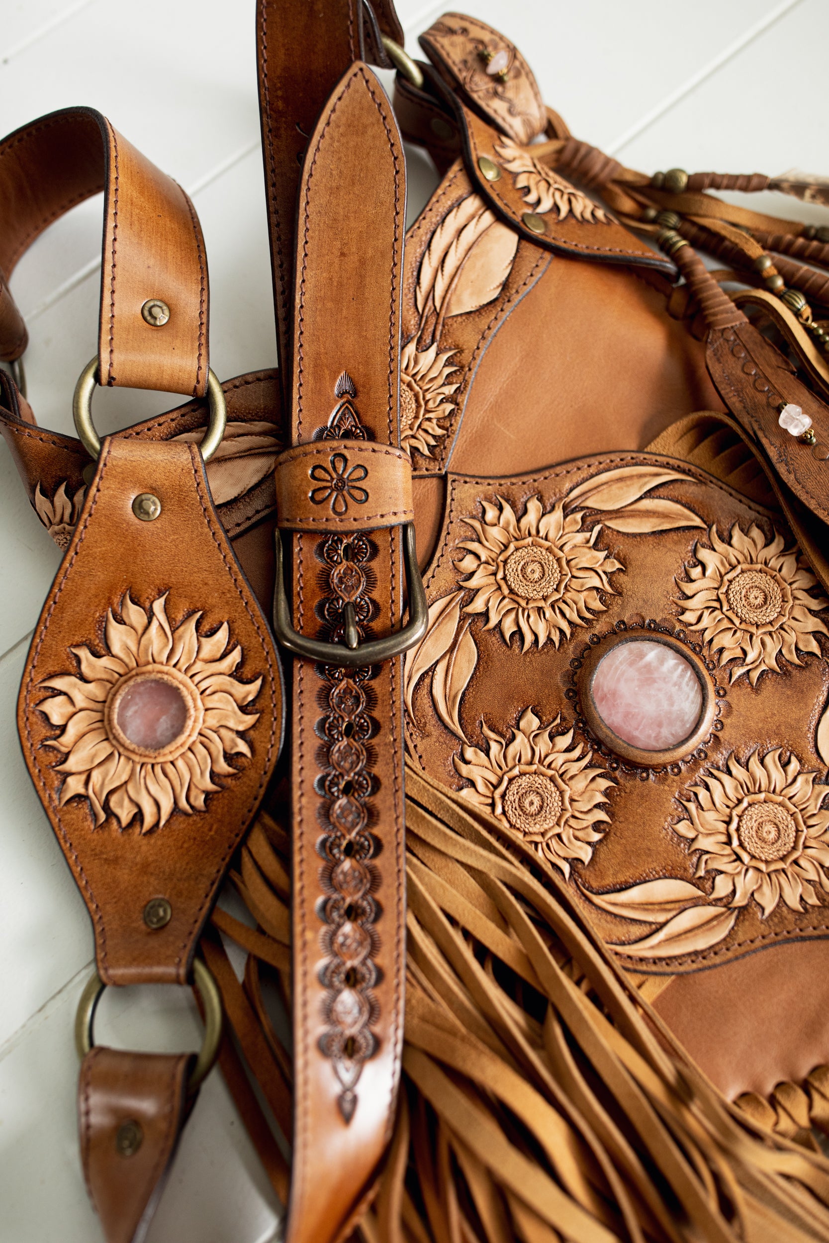Petite Sunflower Apache Tasseled Bag with Rose Quartz
