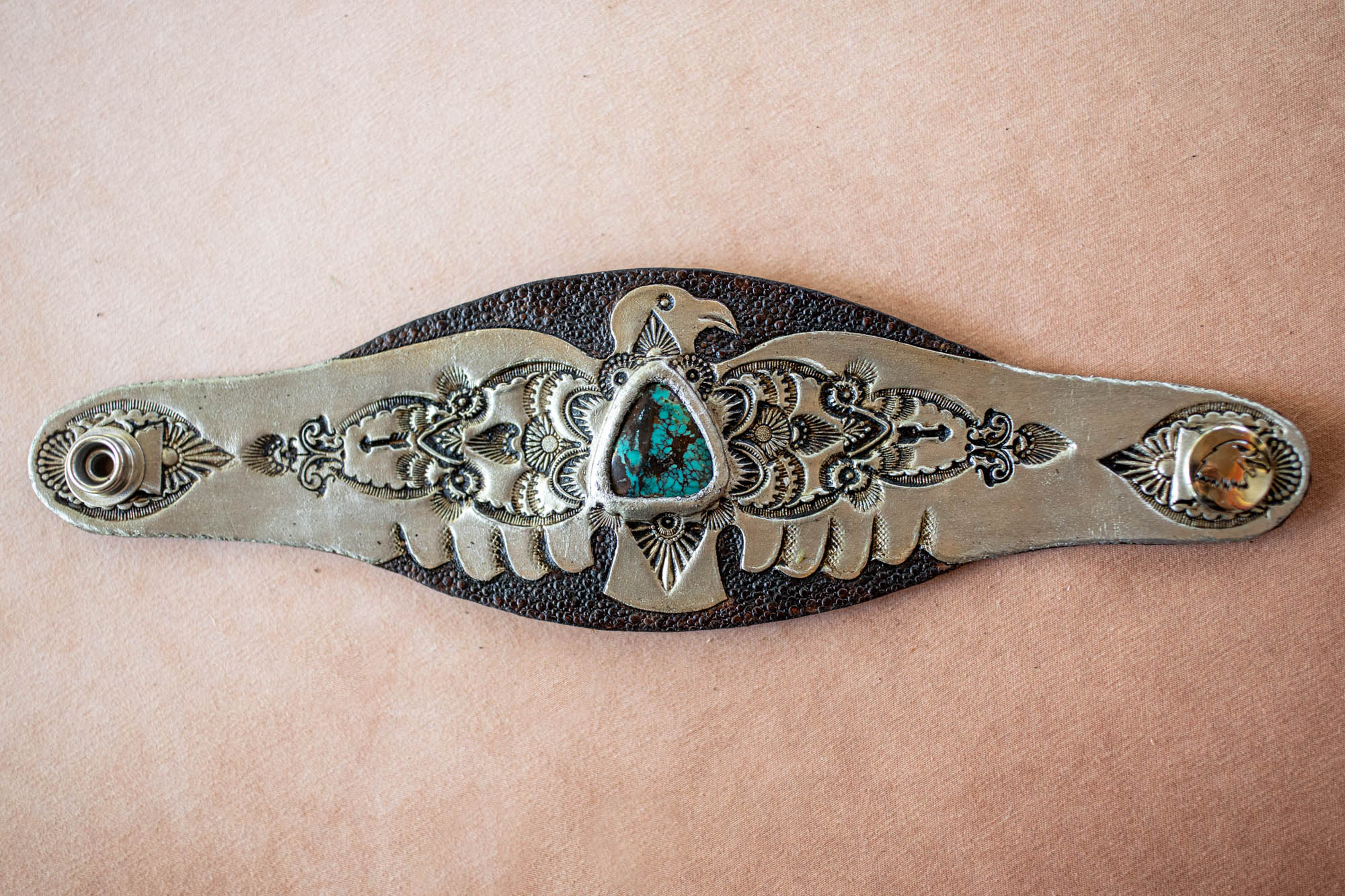 Hand Painted Thunderbird Cuff with Turquoise
